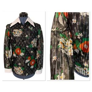 Korell Vintage 70s Floral Sheer Stripe Dagger Collar Blouse Retro Festival Small